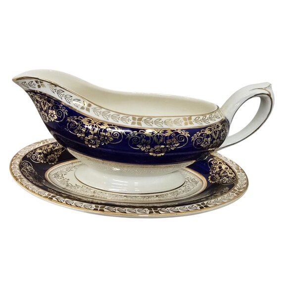 Antique Gravy Boat & Under Plate Crown Ducal Cobalt Blue Gold Floral England - Picture 2 of 8